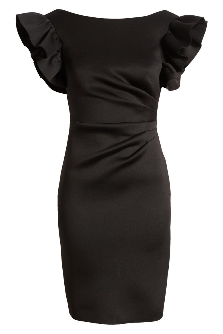 Ruffle Sleeve Scuba Crepe Cocktail Sheath Dress, Alternate, color, BLACK
