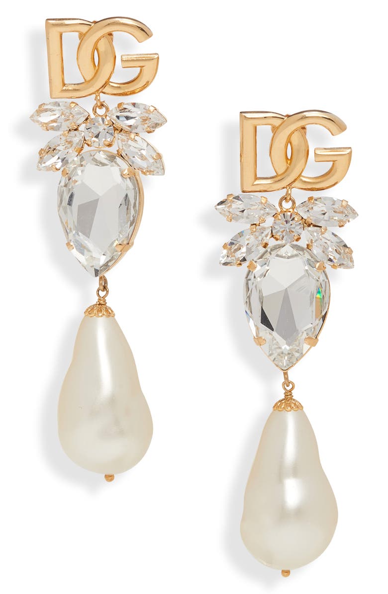 Dolce&Gabbana DG Logo Imitation Pearl & Crystal Drop Earrings, Main, color,