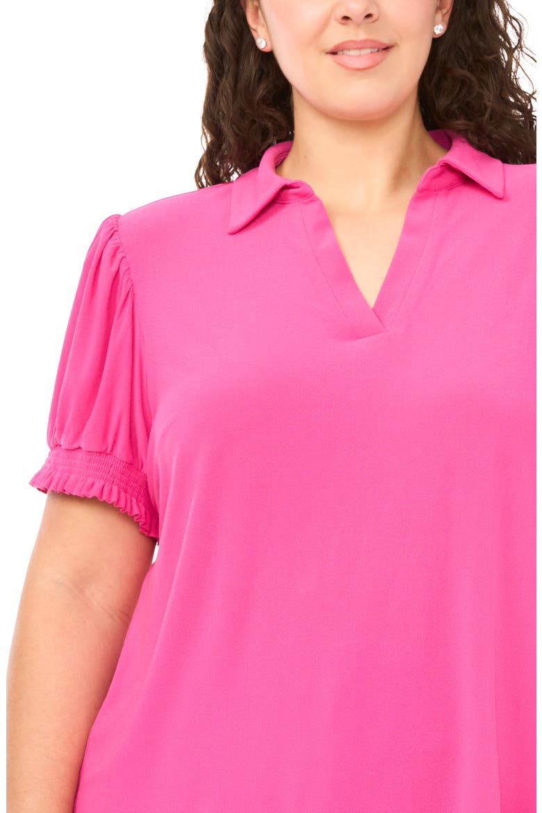 Puff Sleeve Spread Collar Crepe Knit Top, Alternate, color, MAGENTA
