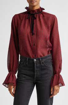 Ganni Check Seersucker Tie Neck Shirt