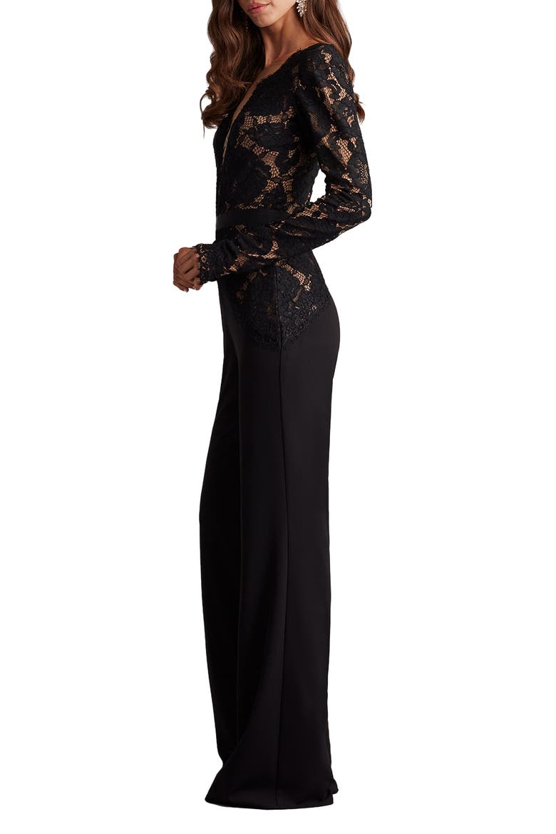Mixed Media Plunge Neck Long Sleeve Cotton Blend Jumpsuit, Alternate, color, BLACK/ BEIGE