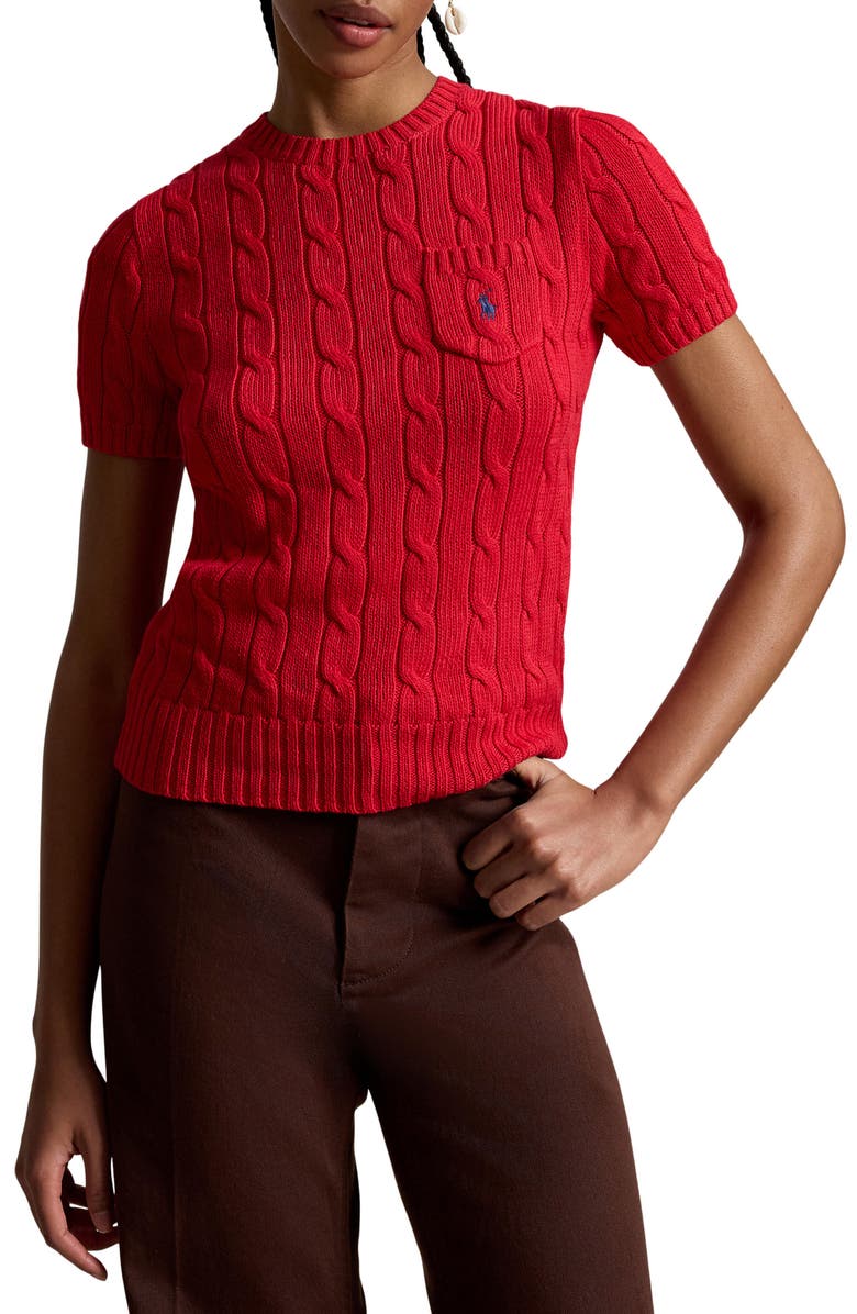 Polo Ralph Lauren Short Sleeve Cotton Cable Knit Sweater, Main, color, Red
