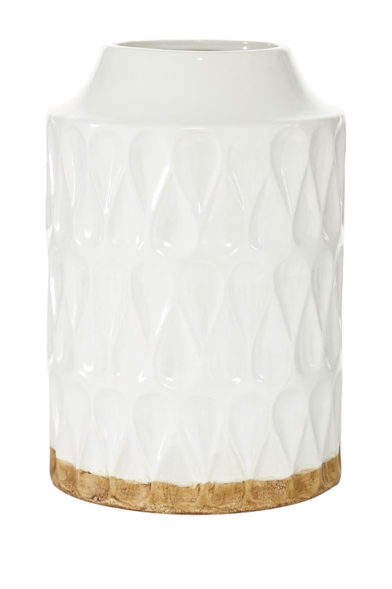 White Porcelain Geometric Vase with Brown Base, Main, color, WHITE