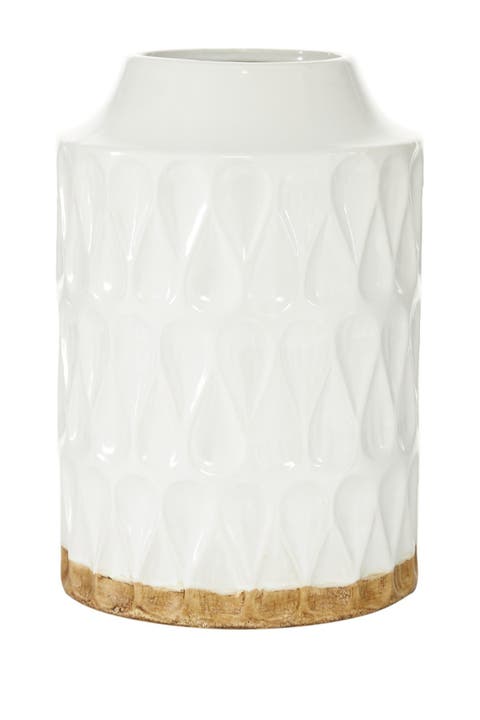 White Porcelain Geometric Vase with Brown Base