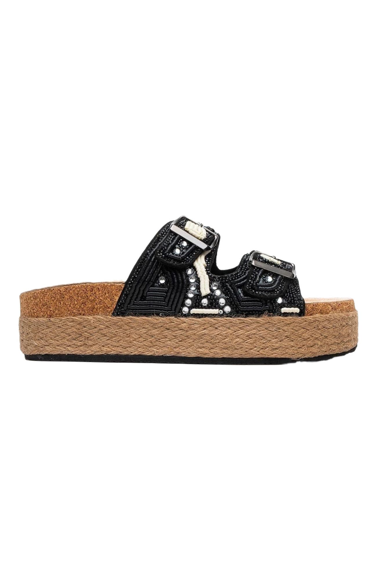 Prologue Shoes Bobby Beaded Straw Platform Slide Sandal, Alternate, color, Black Faux Leather