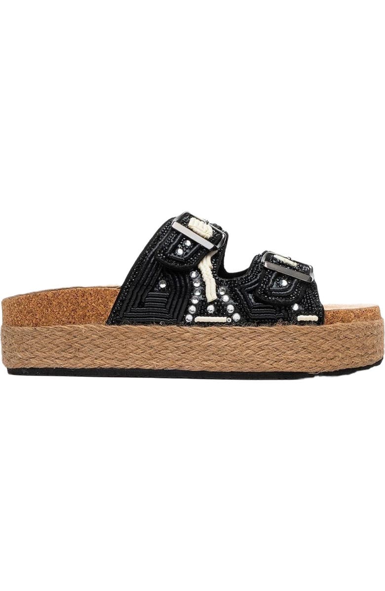 Prologue Shoes Bobby Beaded Straw Platform Slide Sandal, Alternate, color, Black Faux Leather