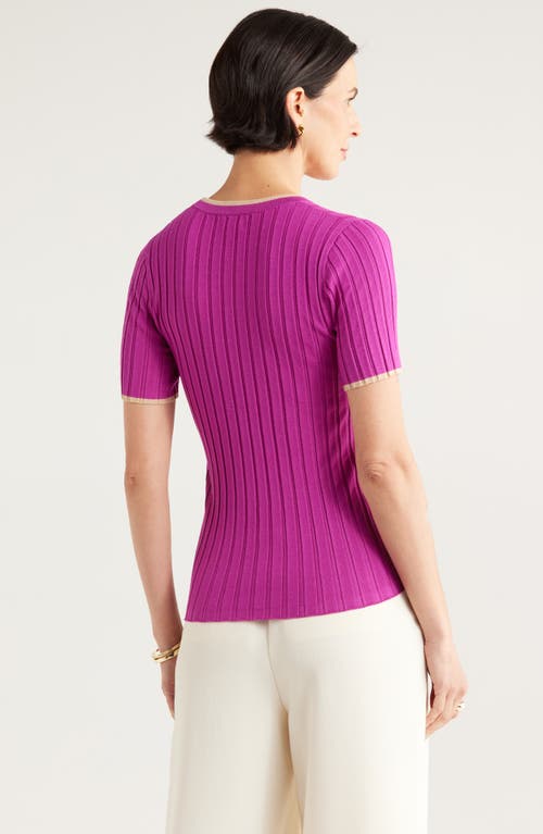 Nordstrom Rack Tipped Short Sleeve Ribbed Sweater In Pink Wild Aster- Tan Tipping