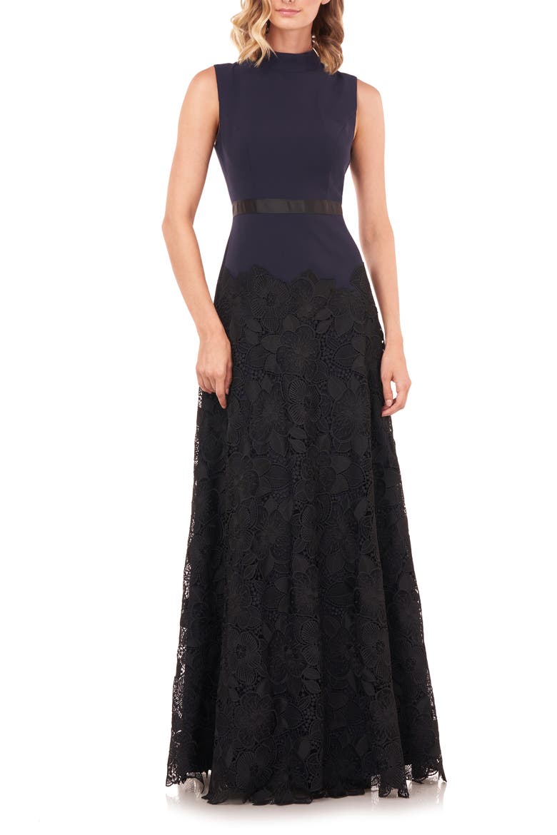 Ellie Lace A-Line Gown, Main, color, NAVY/ BLACK