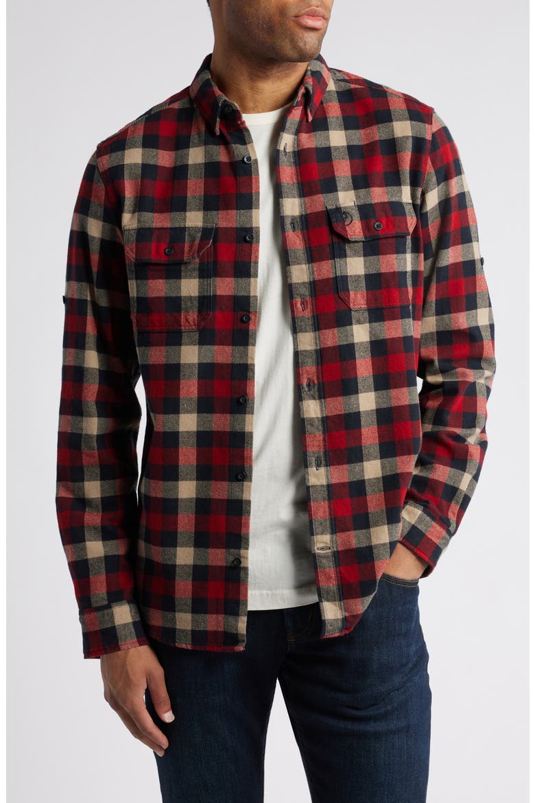 Skog Trim Fit Plaid Cotton Flannel Button-Down Shirt, Main, color, DARK NAVY-RED