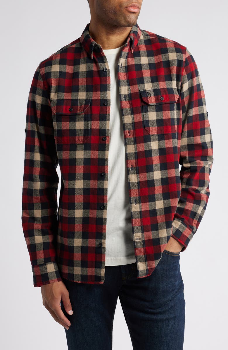 Fjällräven Skog Trim Fit Plaid Cotton Flannel Button-Down Shirt, Main, color, Dark Navy-Red