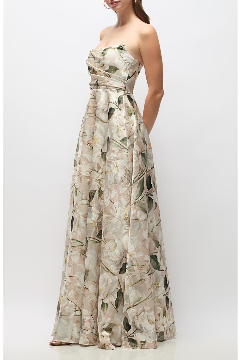 Alden Metallic Plumeria Strapless Organza Gown, Alternate, color, PLUMERIA FLORAL PRINT