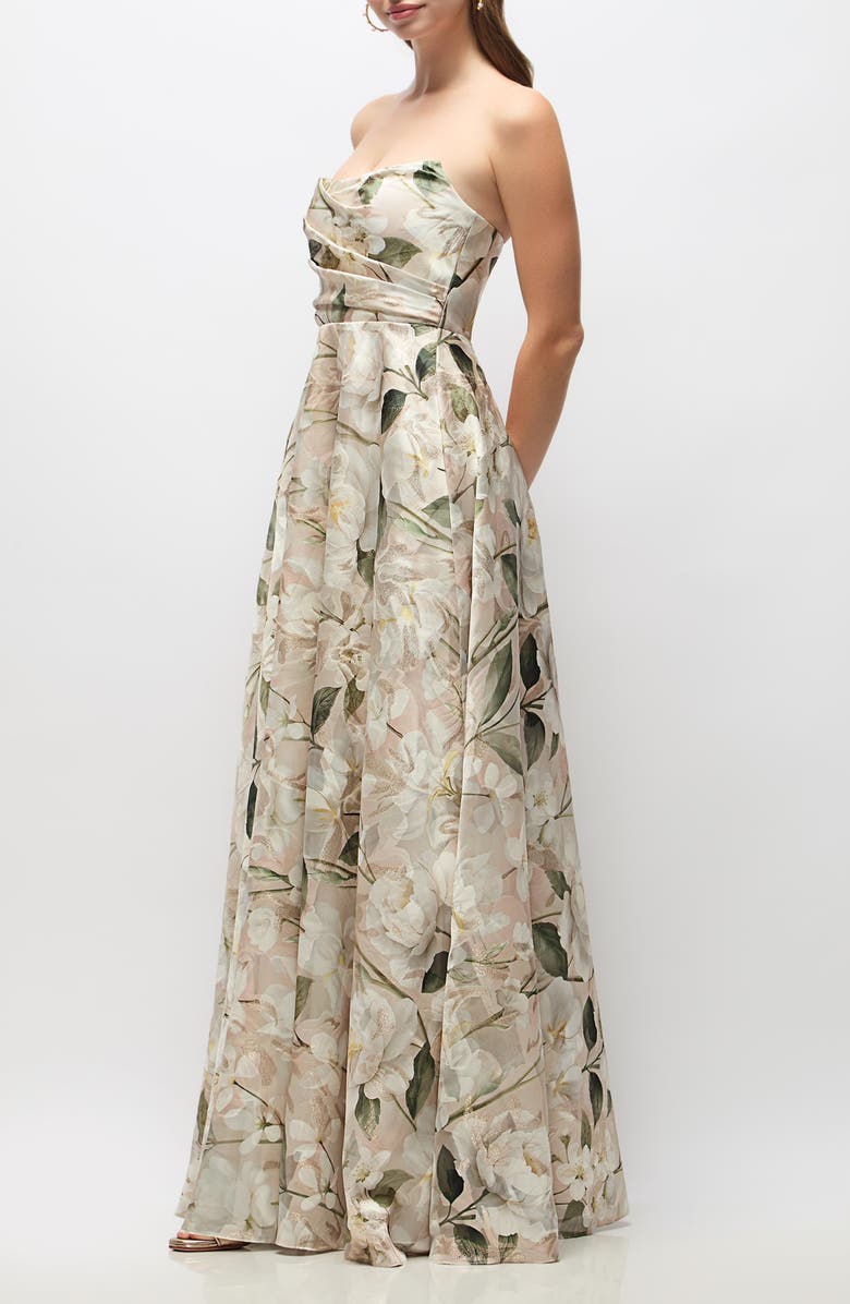 Dessy Collection Alden Metallic Plumeria Strapless Organza Gown, Alternate, color, Plumeria Floral Print