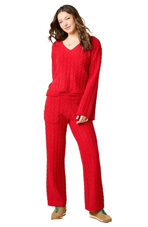 Cable Knit Marshmallow V-Neck with Flared Sleeve and Pant