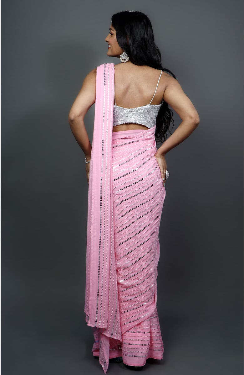 One Minute Saree<sup>®</sup> Puja Pink Georgette Silver Sequins Pre-Draped Ready to Wear Sari, Alternate, color, 