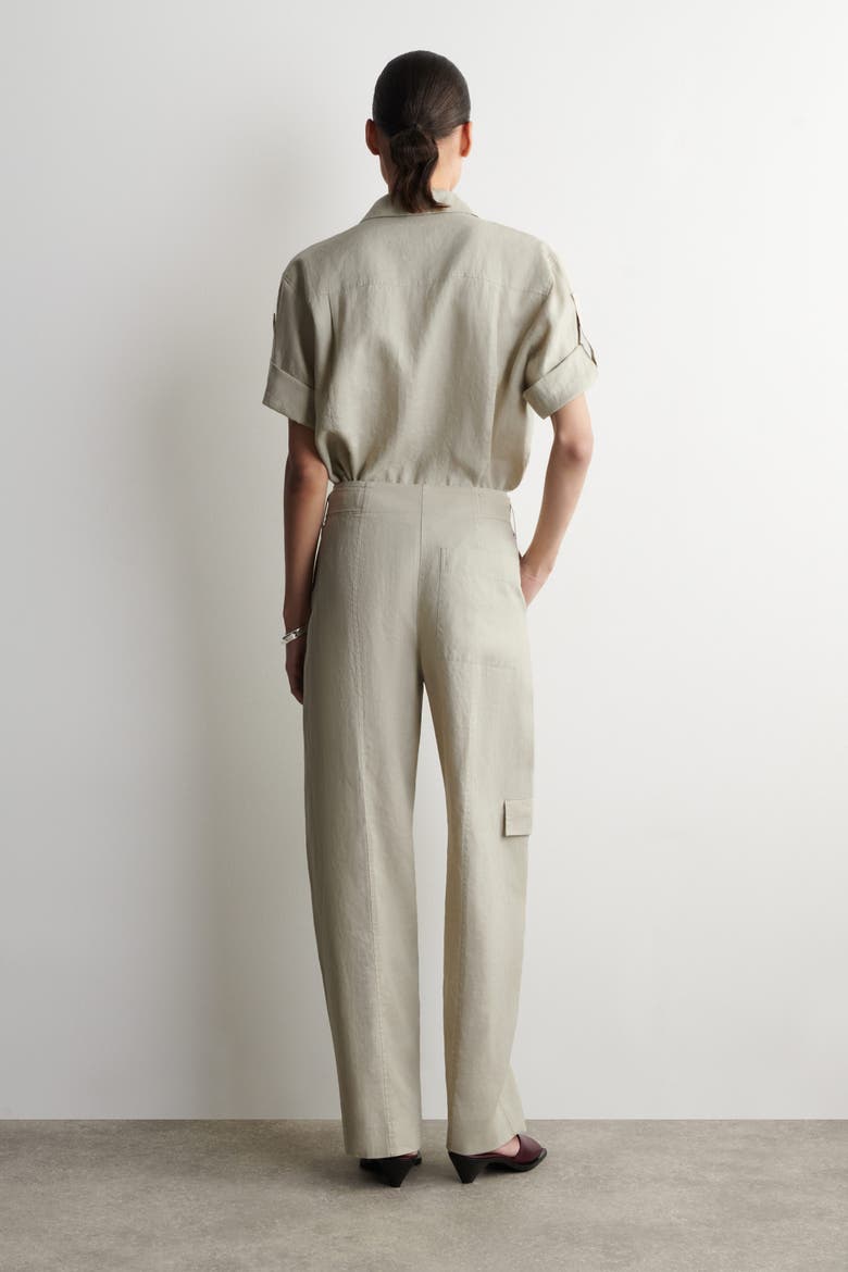 Belted Linen Barrel-Leg Pants, Alternate, color, BEIGE