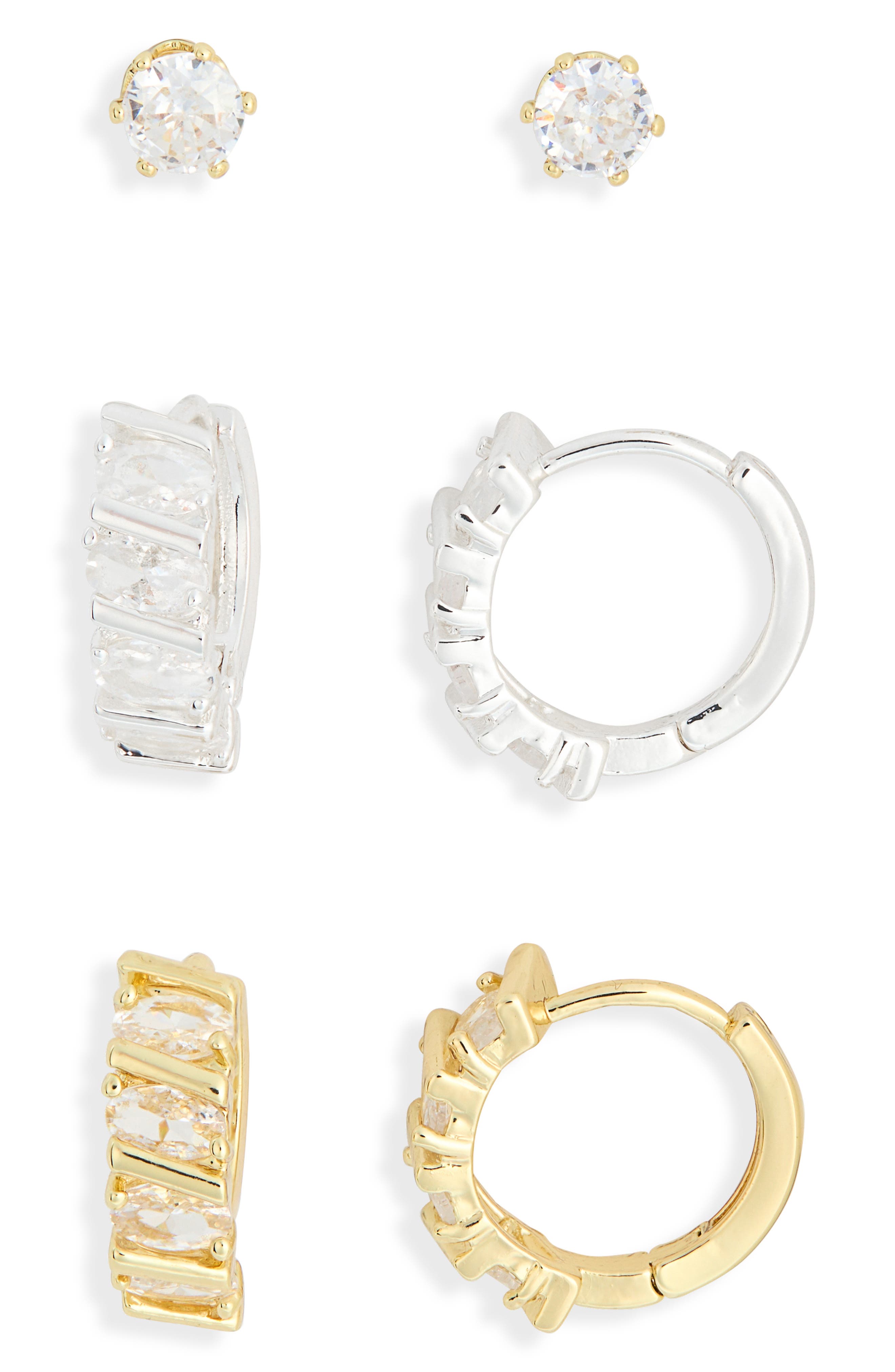 NORDSTROM RACK Set of 3 Cubic Zirconia Stud & Huggie Hoop Earrings