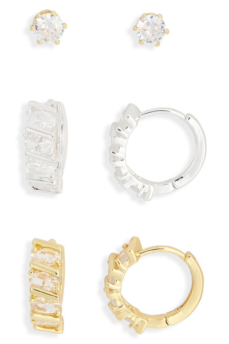Set of 3 Cubic Zirconia Stud & Huggie Hoop Earrings, Main, color, CLEAR- GOLD- SILVER