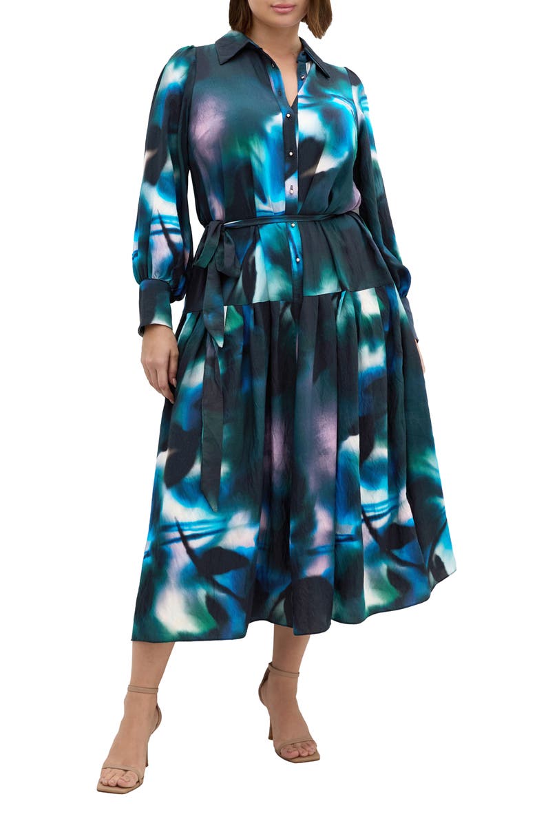 City Chic Haze Bloom Long Sleeve Shirtdress, Main, color,