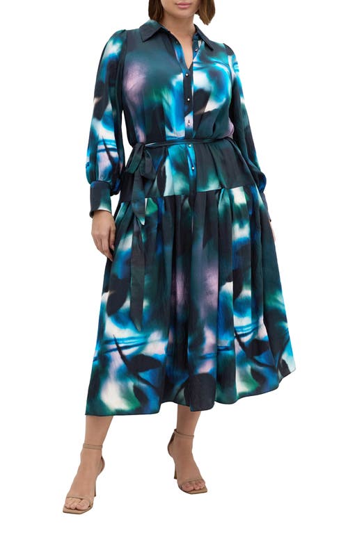 City Chic Haze Bloom Long Sleeve Shirtdress In Blue