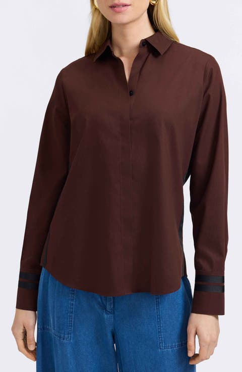 Brooke Grosgrain Trim Cotton Button-Up Shirt