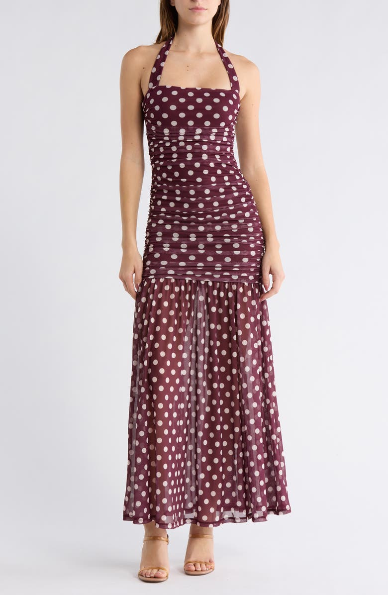 AFRM LOS ANGELES Tyla Halter Maxi Dress, Main, color, Burgandy Dots