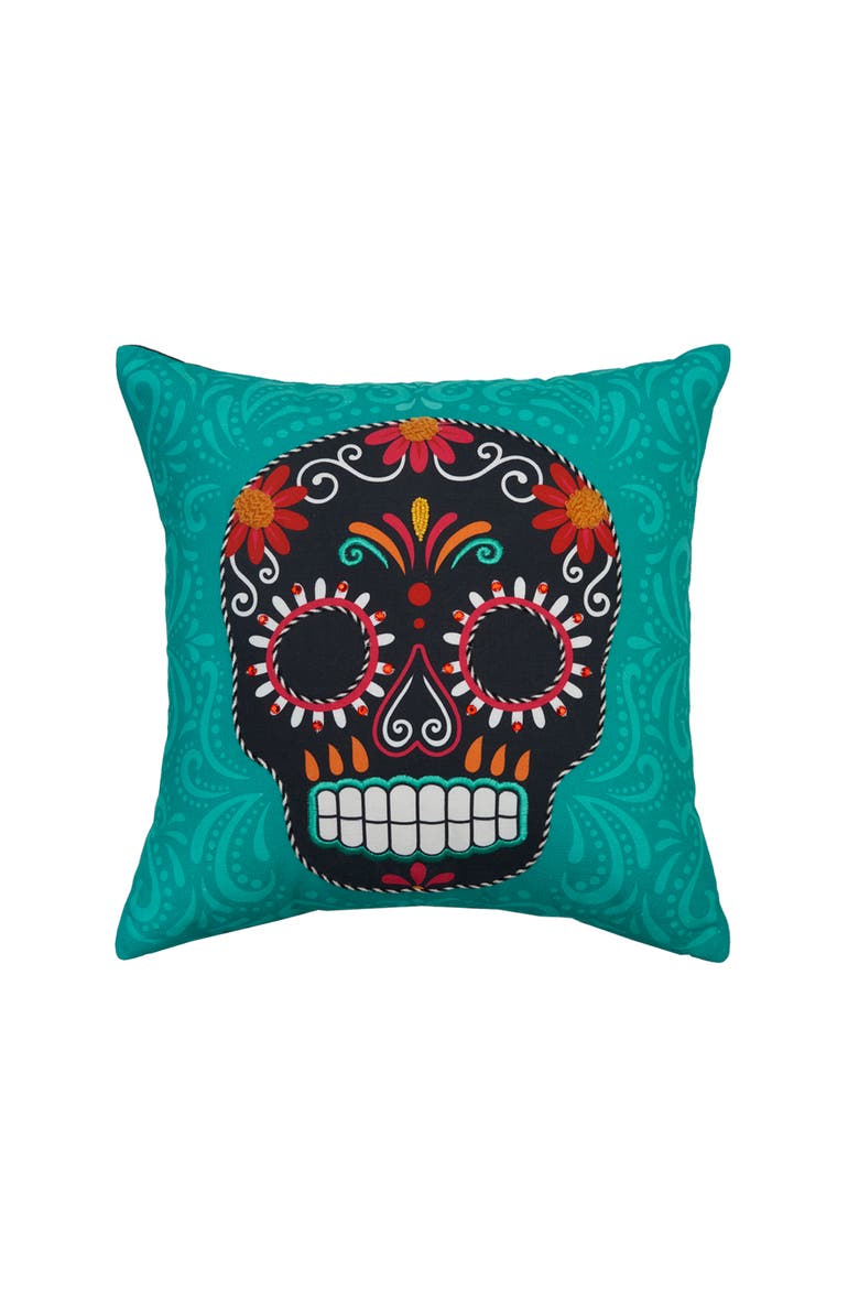Sugar Skeleton Cotton Blend Aqua Accent Throw Pillow 16" x 16", Main, color, Green