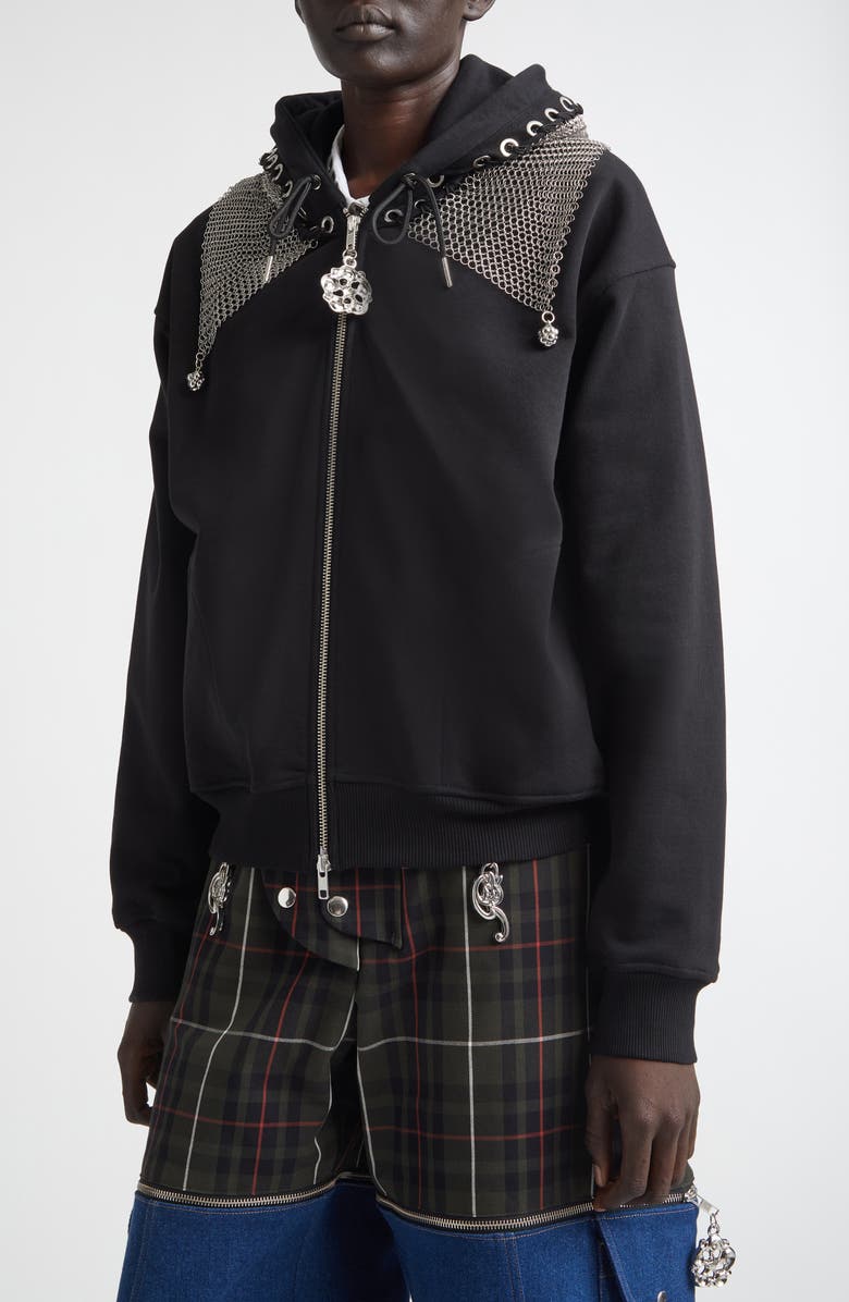 Chopova Lowena Titan Chain Mail Full Zip Fleece Hoodie, Alternate, color, Black And Silver
