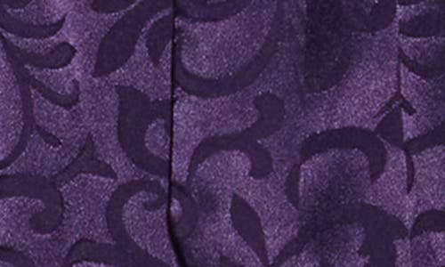 Connected Apparel Floral Satin Jacquard Wrap Front Dress In Purple