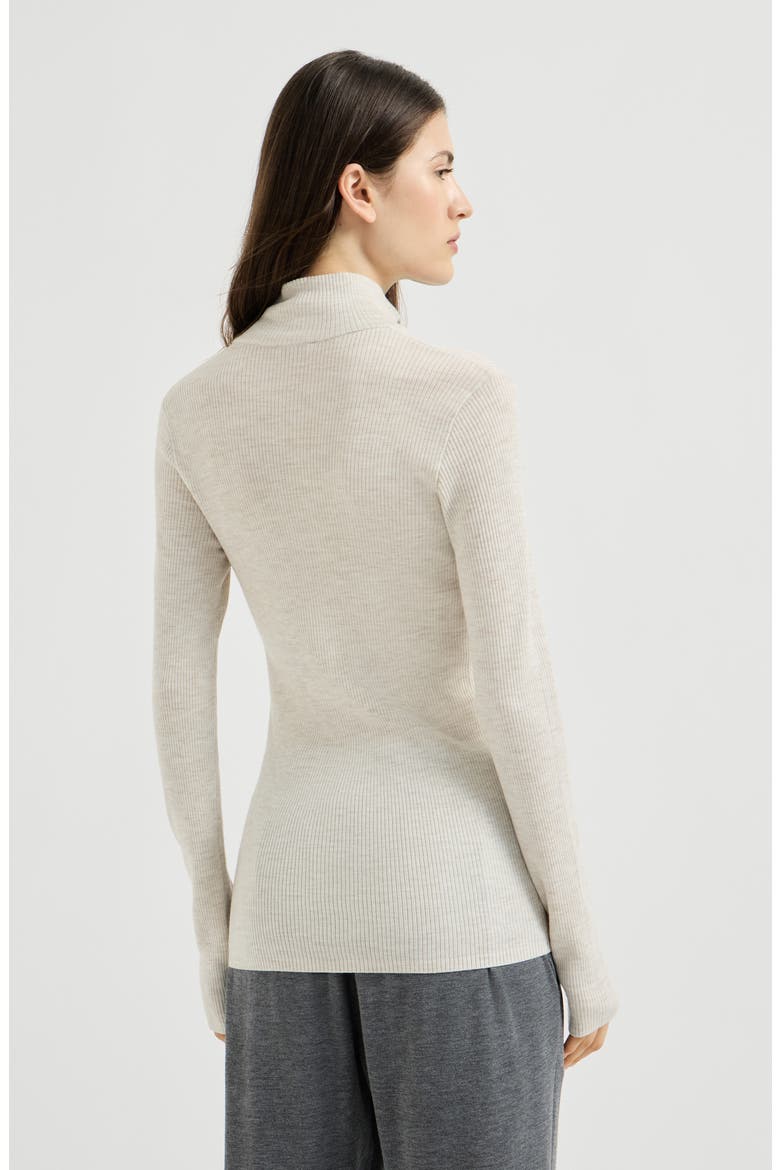Virgin wool and cashmere lightweight ribbed turtleneck sweater with precious half zip, Alternate, color, Pearl Grey
