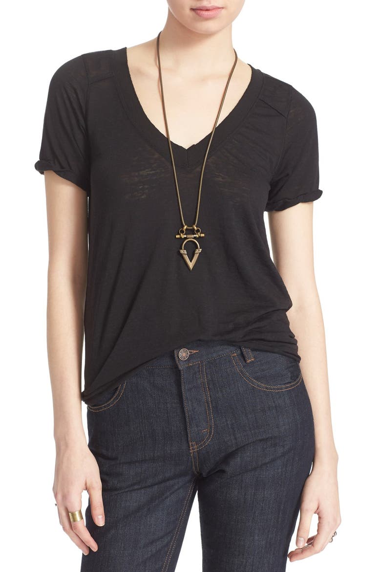 'Pearls' Raw Edge V-Neck Tee, Main, color, BLACK