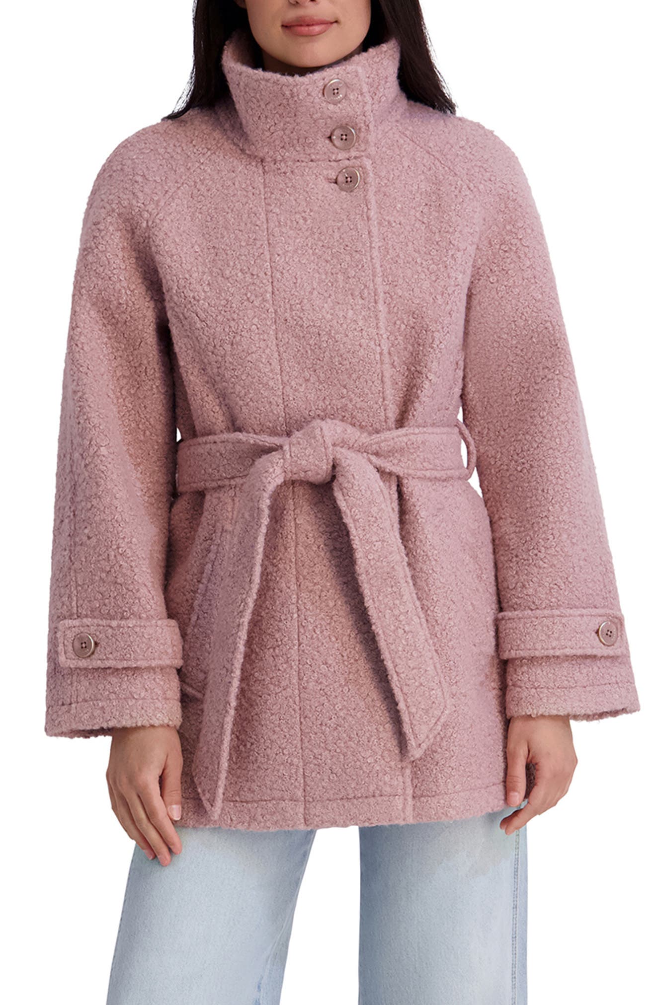 Belted Bouclé Faux Wool Coat