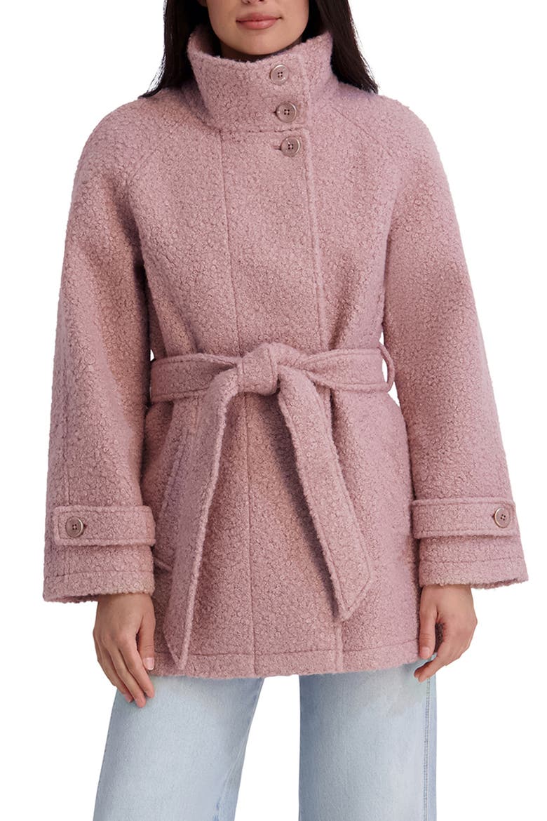 Belted Bouclé Faux Wool Coat, Main, color, ROSE