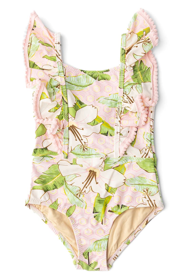 Kids' Hibiscus Botanical Ruffle One-Piece UPF 50+ Swimsuit, Main, color, PINK
