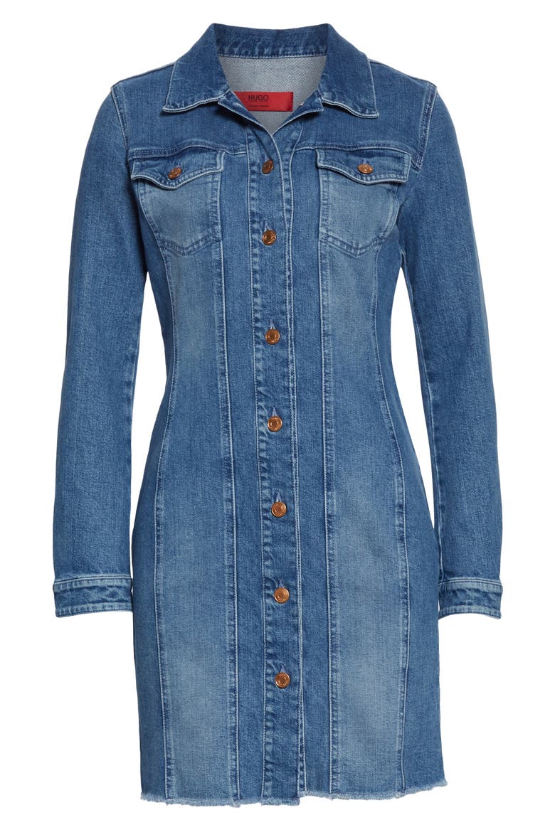 Long Sleeve Denim Minidress, Alternate, color, TURQUOISE/ AQUA