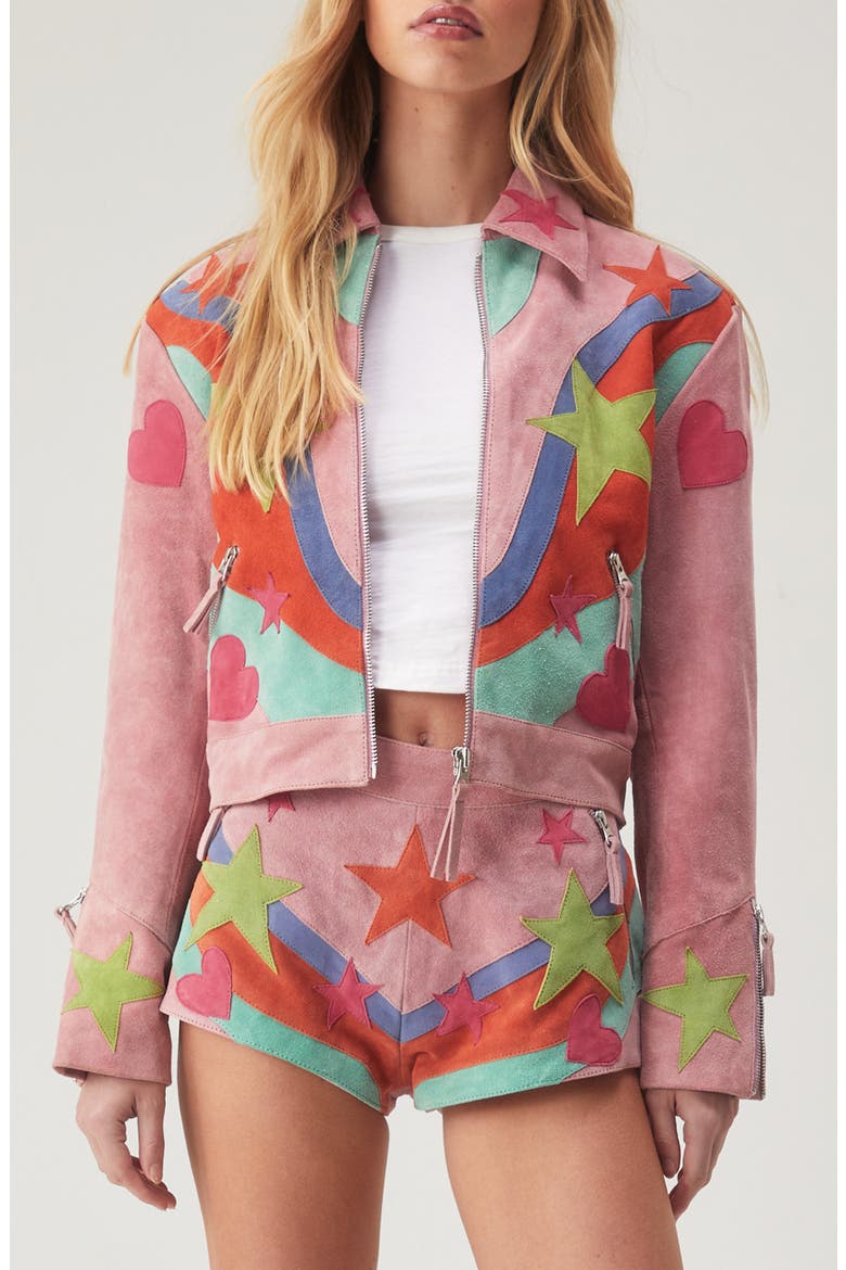 Premium Star Appliqué Suede Jacket, Main, color, PINK
