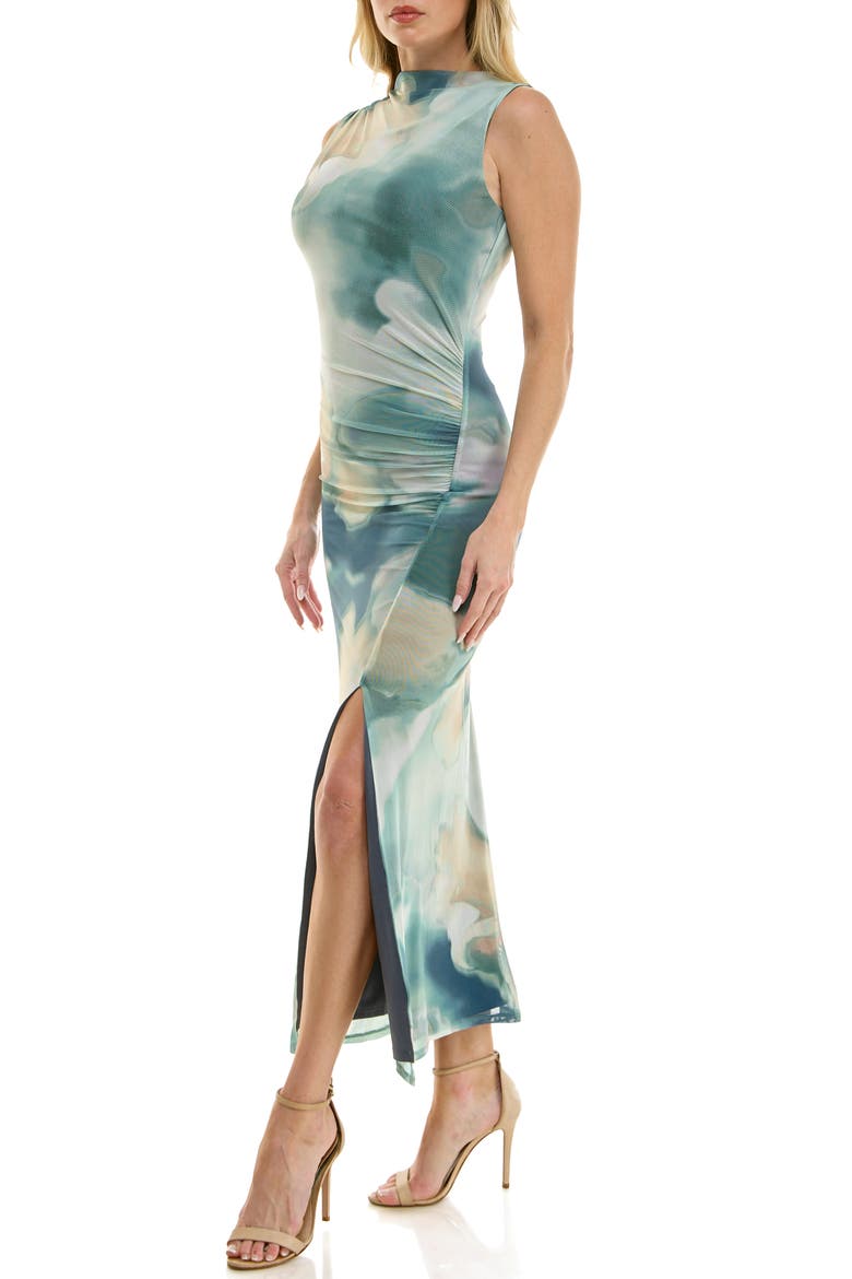 Abstract Print Ruched Maxi Dress, Alternate, color, TEAL CREAM
