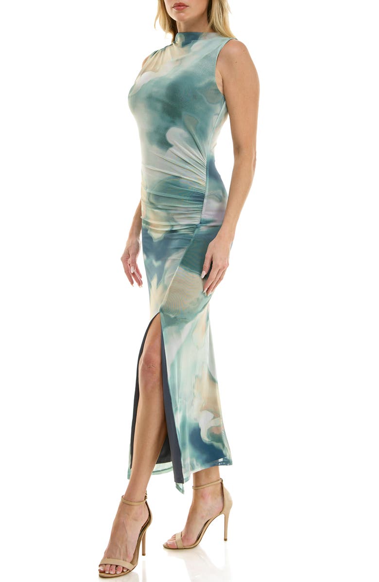 Socialite Abstract Print Ruched Maxi Dress, Alternate, color, Teal Cream
