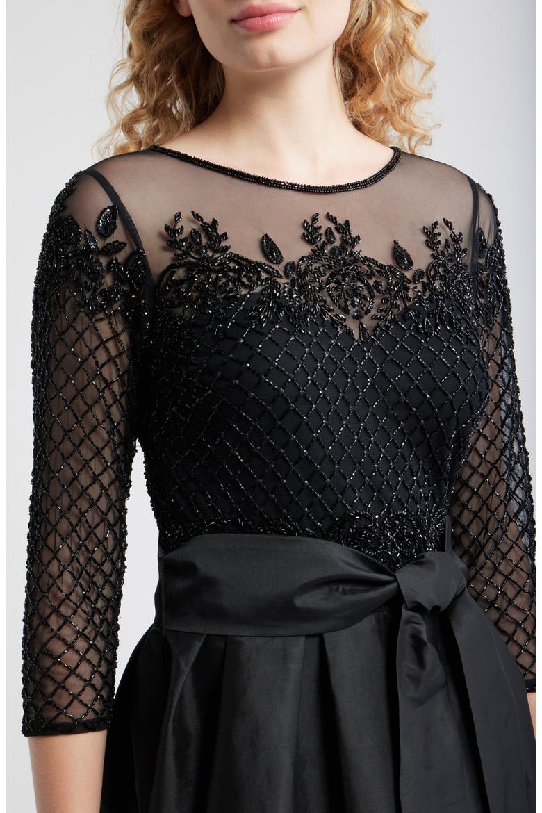 Illusion Neck Beaded A-Line Taffeta Gown, Alternate, color, BLACK