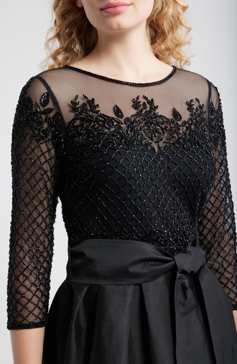 Pisarro Nights Illusion Neck Beaded A-Line Taffeta Gown, Alternate, color, Black