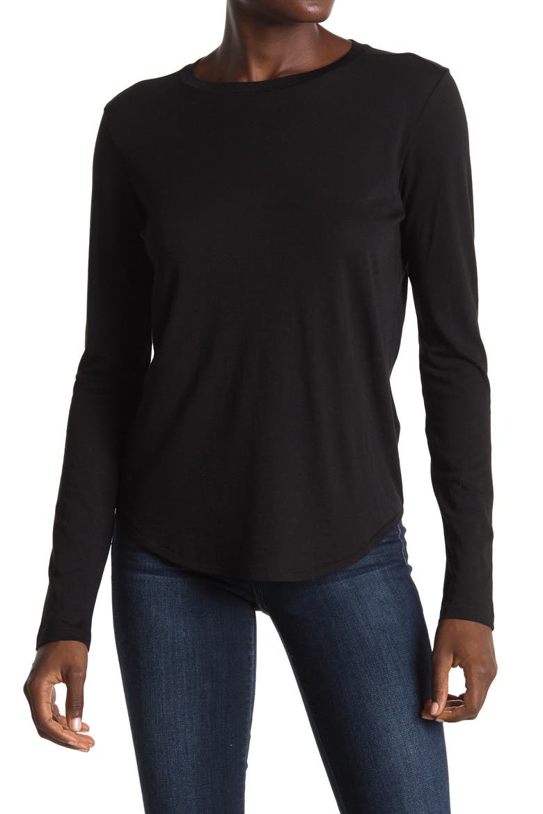 Little Boy Long Sleeve Crew Neck Top, Main, color, BLACK