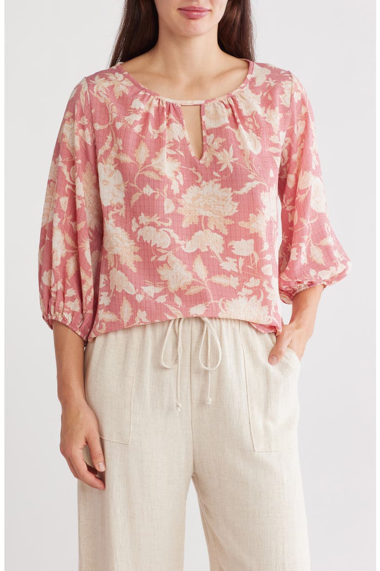 Floral Keyhole Balloon Sleeve Top, Main, color, PINK