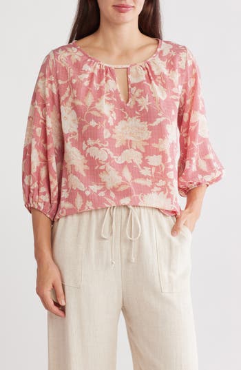 Renee C Floral Keyhole Balloon Sleeve Top In Pink