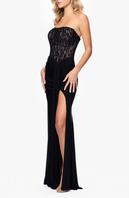 BETSY & ADAM BETSY & ADAM SEQUIN LACE BODICE STRAPLESS GOWN