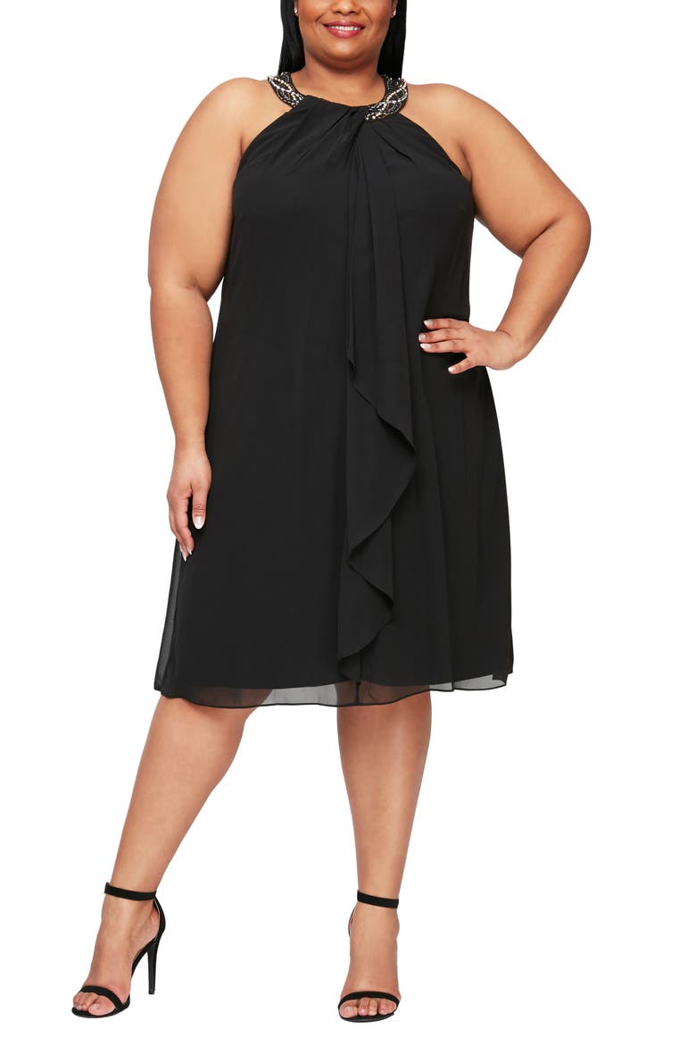 Braid Beaded Neck Chiffon Cascade Ruffle Dress, Main, color, BLACK