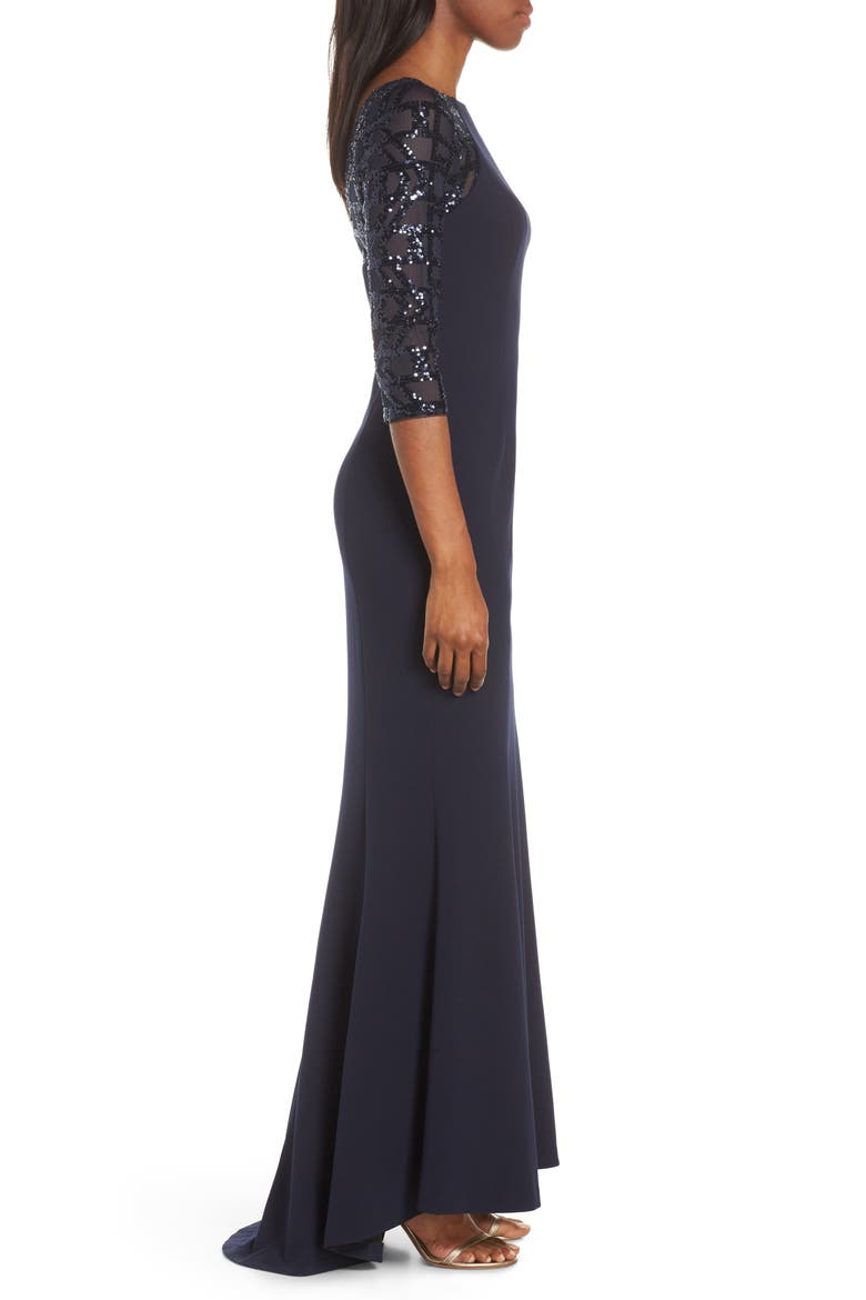 Sequin Crepe Trumpet Gown, Alternate, color, NAVY