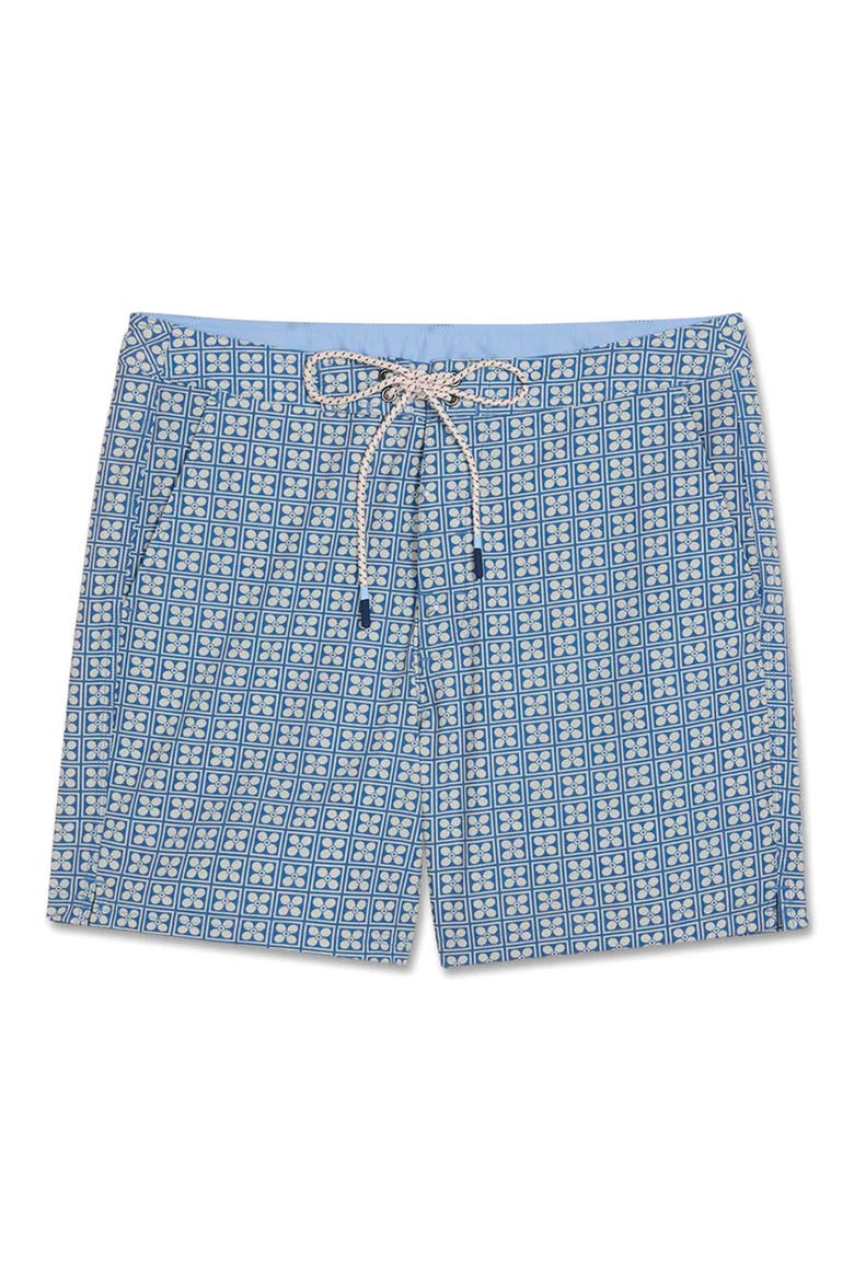 Swell Floral Tile Print Water Repellent Board Shorts, Main, color, BLUE FLOWER GEOMETRIC