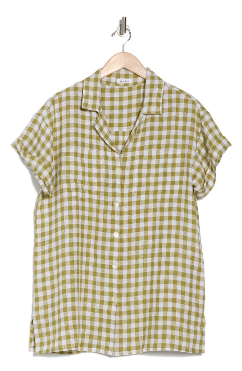 Vitamin A<sup>®</sup> Playa Pocket Linen Cover-Up Button-Up Shirt, Alternate, color, Avocado Gingham