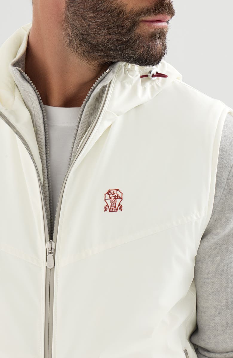 Brunello Cucinelli Bonded nylon hooded vest with Thermore<sup>®</sup> padding and logo, Alternate, color, Off-White