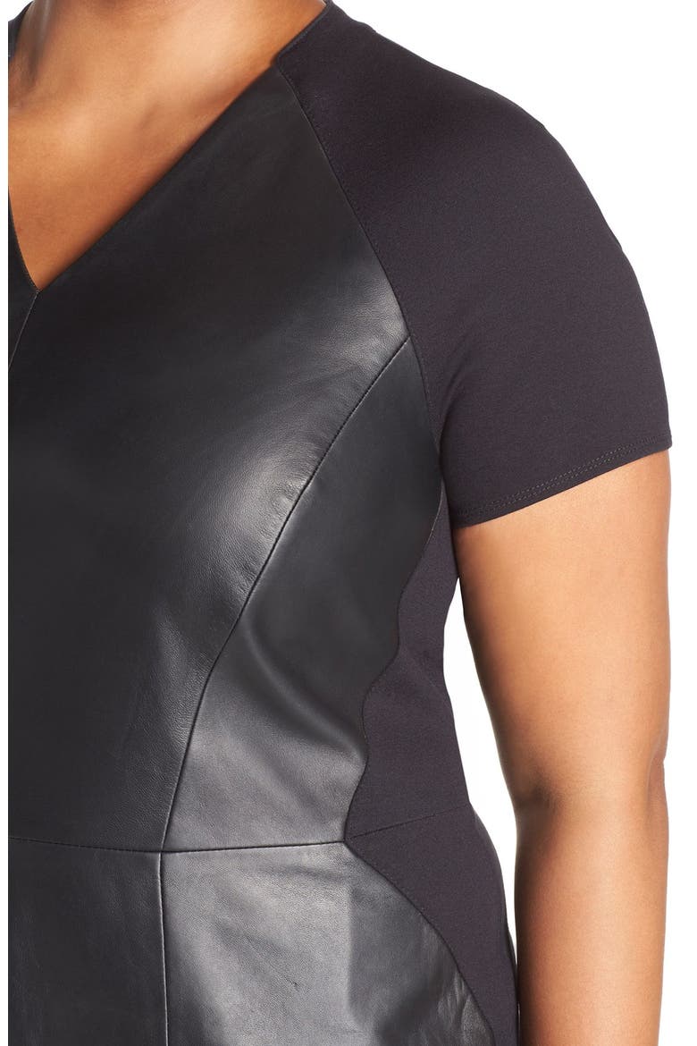 V-Neck Leather & Ponte Sheath Dress, Alternate, color, BLACK