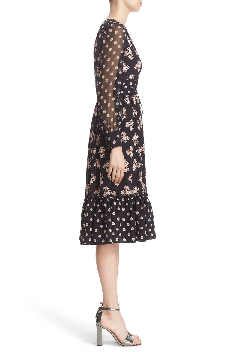 ditsy print silk midi dress, Alternate, color, BLACK